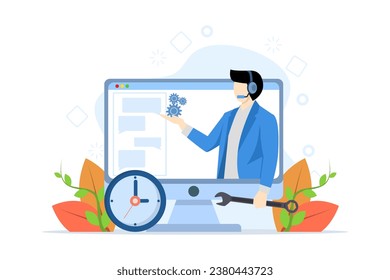 Concepto de personal de soporte que ayuda a solucionar problemas técnicos, servicio de asistencia o operador con llamadas telefónicas para ayudar al cliente, persona útil con auriculares hablando con el cliente para ayudar a resolver problemas de computadora.