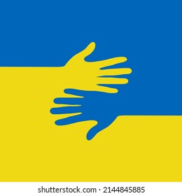 Konzept der Unterstützung für die Ukraine. Zwei Hände strecken sich in den Farben der Flagge der Ukraine.