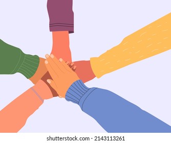 Concept of support, unity, teamwork, agreement. Hands of a diverse group of people come together. Vector flat illustration.