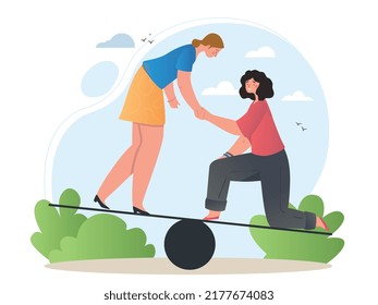 Concept of support. Woman gives her hand to girlfriend, metaphor for leadership and motivation. Chief and subordinate. Love and care, help. Tolerance and unity. Cartoon flat vector illustration
