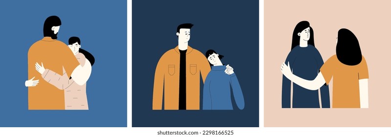 The concept of supporting close relatives, friends in difficult times. Relatives provide first aid for depression to loved ones. Vector illustration in flat style