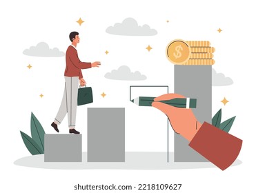 Concepto de apoyo. El hombre trepará los postes, que le dan la mano con lápiz. Alfabetización financiera, gráficos y gráficos de evaluación. Emprendedor talentoso. Dibujo vectorial plano de dibujos animados