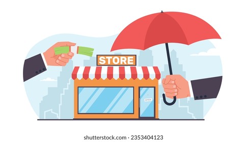 Concepto de apoyo a las pequeñas empresas, entrega de dinero a mano a los propietarios de pequeñas tiendas, posesión de un paraguas como símbolo de protección. Subsidios de bancos y estados. Ilustración plana de dibujos animados
