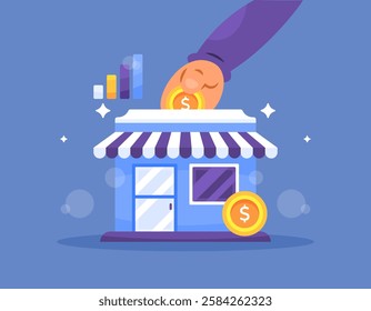 concept of supporting small and medium businesses. donating or funding to improve and develop local businesses to keep growing. illustration of investor hand inserting coin into shop. flat style