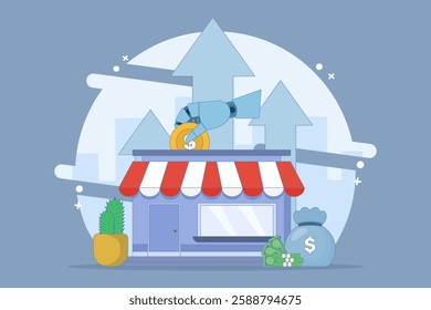 concept of supporting small and medium enterprises. investment or funding to improve and develop local businesses to continue to grow. investors invest money into shops. flat vector illustration.