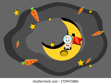 Concept surf the universe. White cute rabbit in an astronaut costume is carrying a red flag with a carrot on the moon and a star in space.