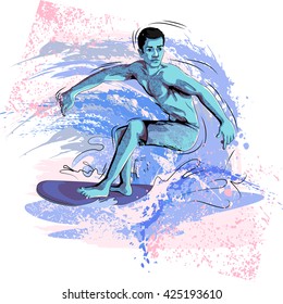 Concept of surfer surfing on wave. Vector illustration