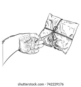 Concept of surprise, woman hand opening a wrapped package with gift. Vector.
