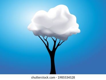 Concept of surreal daydreaming with a tree whose foliage is replaced by a white cloud.