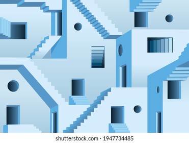 Concept of the surreal maze with a maze of doors and stairs making it impossible to exit.