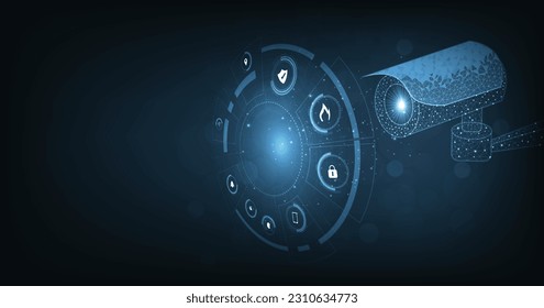 Concepto de vigilancia y vigilancia. Diseño del concepto de seguridad de la tecnología de cámara. Cámara vectorial diseño de malla baja de polilla sobre fondo azul oscuro, Sistema de seguridad, concepto de seguridad CCTV.