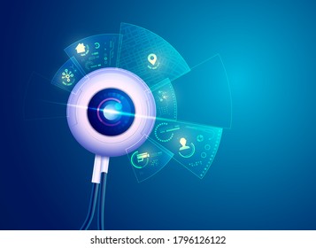 concept of surveillance technology, graphic of robotic eye with scanning interface