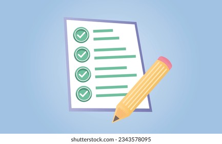 Konzept der Umfrage, Prüfung, Test, Fragebogen, Dokument.auf blauem Hintergrund.Vektordesign-Illustration.