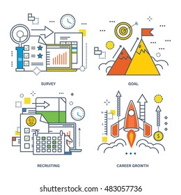 Concept of survey, goal, recruiting, career growth. Color Line icons collection.