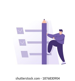 a concept of survey, voting, opinion gathering. illustration of a man giving a check using a pencil on the questionnaire form or the question form. resource persons and research papers. flat style