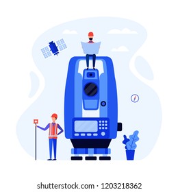 Concept surveyors, geodesists and land engineers using the total station, theodolite, measuring instruments, satellite. Vector flat illustration.