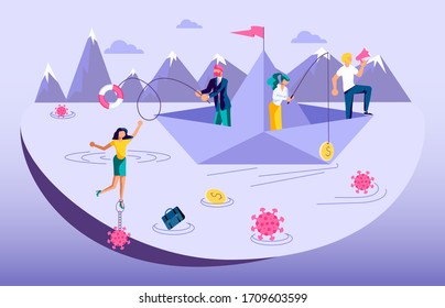 Concept of survive company and business after COVID-19 outbreak. Bankruptcy and investment failure and budget collapse. Economic crisis caused by coronavirus. Flat Art Vector Illustration