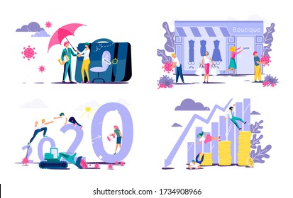 Concept of survive company and business after COVID-19 outbreak. Bankruptcy and investment failure and budget collapse. Economic crisis caused by coronavirus. Flat Art Vector Illustration