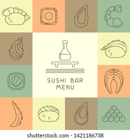 Concept of sushi bar menu with asian dishes elements