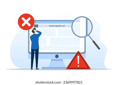 Concepto de hipervínculos sospechosos y peligrosos, direcciones de URL o sitios web spam, notificaciones de navegación y advertencia seguras, sistema de seguridad en el navegador. el sitio está bloqueado. ilustración vectorial plana.