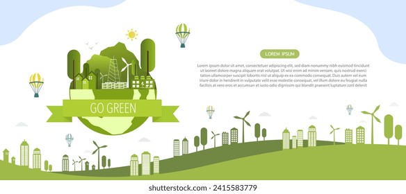 Concepto Desarrollo sustentable y amigable con la ecología, Banner Go Green, Green city on the earth for Go green, Green Vector ilustración