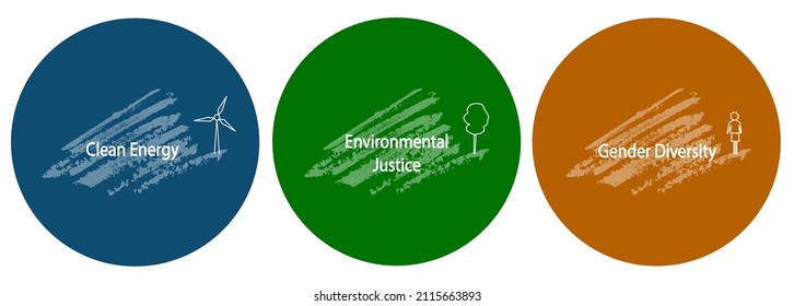 Concept of sustainable development - clean energy, environmental justice, gender diversity in human resorses issues. Vector illustration in three parts, for each factor, textured background, 10 EPS