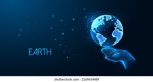 Concepto de desarrollo sostenible, respetuoso con el medio ambiente con la mano y el planeta Tierra globo terrestre sobre fondo azul