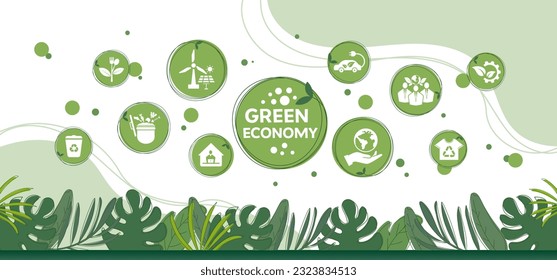 concept of sustainable economic icons with renewable, green energy and natural resources. sustainable industry and manufacturing concept. Flat template design, vector illustration.	
