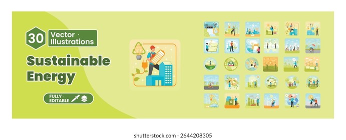 O conceito de energia sustentável. As pessoas estão a utilizar fontes de energia alternativas, práticas respeitadoras do ambiente e a utilização de recursos renováveis. Mega set.