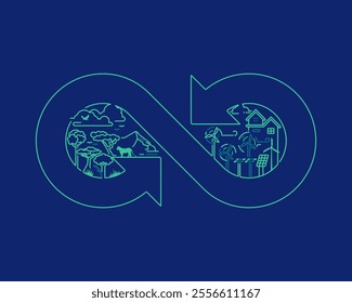 concept of sustainable energy resources or eco friendly, outline graphic of infinity sign combined with ecology system: rain forest, turbine, solar farm