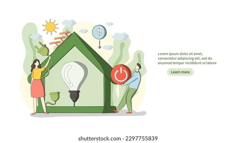 The concept of sustainable lifestyle and saving power in househlod. Characters try to use energy efficient devices with turn off and unplug everytime, save money, pay less, save energy. Cartoon vector