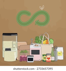 Concept of sustainable packaging solution. Circular reusable packaging business model. Hand-drawn vector illustration.