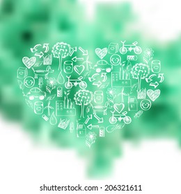Concept of sustainable way of development on blurred ink in the water. Ecological and green. Vector icon of heart  made from hand drawn ecological signs 