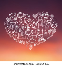 Concept of sustainable way of development on blurred sunset sky. Ecological and green. Vector icon of heart  made from hand drawn ecological signs 