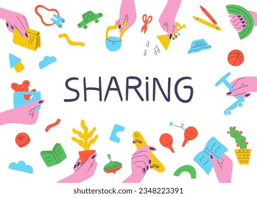 Concept of swap things. People in hand to hold things for exchange. Sharing or swap party background. Vector illustration for poster, banner, background, flyer. 