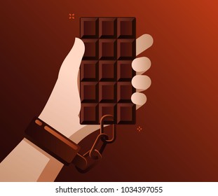Concept of sweet addicted. Barchocolate is chained to the hand on a brown background. Flat design, vector illustration.