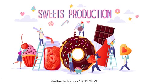 Concept of sweets food production. Happy flat people character making tasty cupcake, chocolate and cookies, handmade organic strawberry jam in a large glass jar, woman pours glaze big donut. 