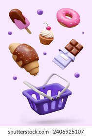 Concept of sweets on colored background. Advertising poster with vector composition. 3D shopping cart, popsicle, chocolate bar, donut, cupcake, decorative elements. Bright layout