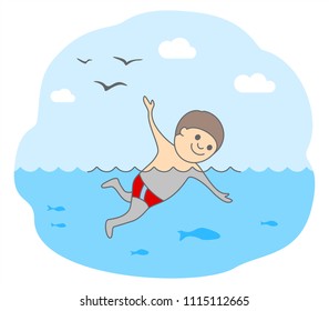 Concept of swimming and relaxation. A friendly young man swimming in waters with fishes. Isolated vector illustration in line style.