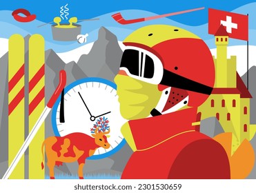 The concept of the Swiss lifestyle, symbols, nature, customs. Mountains, castle, fondue, alphorn, cheese, watch, cow, skier, Swiss flag. Stylized flat vector illustration