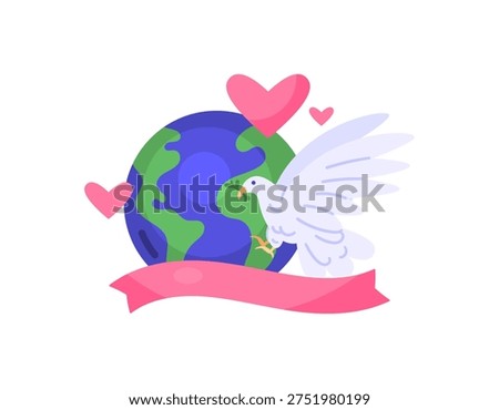 The concept of a symbol of peace, freedom, and hope. Maintaining and supporting world peace. Illustration of a dove holding an olive branch with planet Earth, a heart symbol, and a pink ribbon. Metaphor, flat style illustration. White background.