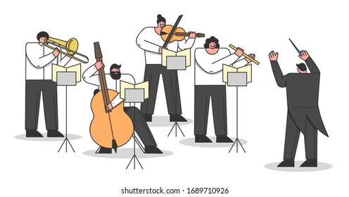 Concept Of Symphony Orchestra. Musicians Are Playing Different Musical Instruments. Musical artists Play Instrumental Symphony Led By Conductor. Cartoon Linear Outline Flat Style Vector Illustration