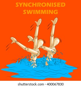 Concept of Synchronised Swimming with wooden human mannequin. Vector illustration