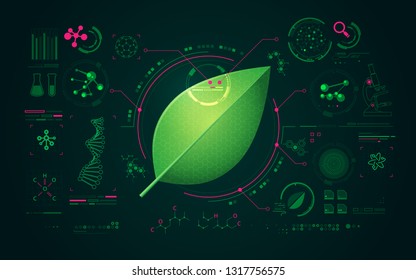 Concept Of Synthetic Biology Or Biological Technology, Graphic Of Single Leaf With Electronic Pattern