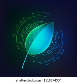 concept of synthetic biology or biological technology, graphic of single leaf with electronic pattern