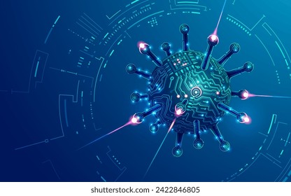 concepto de biología sintética o tecnología microbiológica, gráfico de virus combinado con patrón electrónico