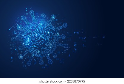 concept of synthetic virolog or artificial virus, graphic of virus cell combined with electronic pattern