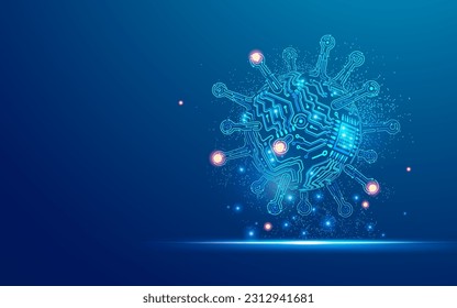 concepto de virus sintético o virus artificial, gráfico de células de virus combinado con patrón electrónico