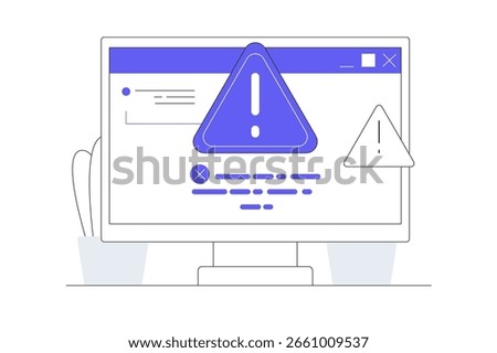 Concept of system error, software problem or system failure, security warning, hardware error to be repaired, maintenance.  Repair system failure message on computer. Flat Cartoon Vector Illustration