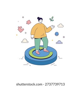 Concept of system flow and circular process featuring a woman on a rotating arrow platform with puzzle and cloud icons